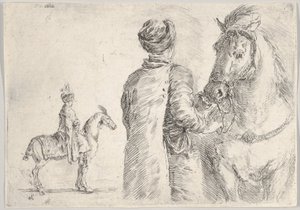 Egy lengyel inas, hátulról nézve, jobbra tartja a ló kantárját, egy lengyel hor..., kb. 1662. alkotó: Stefano della Bella