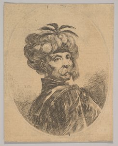 Egy bajuszos török férfi, öt kócsagtollal díszített turbánt viselő, turne..., 1650.