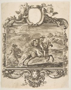 Egy lovas és egy lovas hölgy, gyümölcsökkel díszített díszes szegélyen belül, kb. 1655. alkotó: Stefano della Bella