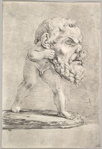 Egy nagy maszkot viselő gyermek a száján át dugja a kezét, kb. 1660. alkotó: Stefano della Bella
