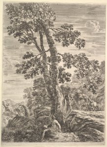 Egy halász középen balra fordulva egy nagy fának dőlve, egy nő sétál..., kb. 1652-57. alkotó: Stefano della Bella