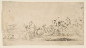 Egy halász hozza be a hálóit, egy férfi balra tolja jobbra a bálát, kétüléses..., kb. 1662. alkotó: Stefano della Bella