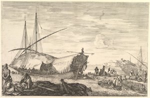 Balra vitorlákkal borított gálya, balra hat ágyú és négy ember az előtérben..., kb. 1652-57. alkotó: Stefano della Bella