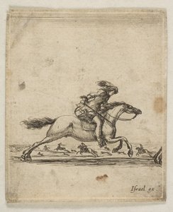 Egy lovas karddal a kezében vágtat jobbra, más lovasok vágtatnak..., kb. 1645-46. alkotó: Stefano della Bella