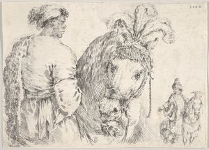 Egy férfi a bal oldalon, egy marék szénát ad egy lónak középen, egy lovas a t..., kb. 1662. alkotó: Stefano della Bella