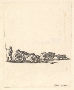Egy aknavető és egy ágyú, mindkettő kocsira szerelve, egy katona hátulról látható..., kb. 1638-43. alkotó: Stefano della Bella