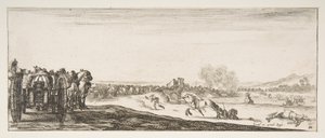 Balra lovas ágyús kocsik menete, lovasok harcban és halott ho..., kb. 1641. alkotó: Stefano della Bella