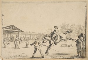 Egy lovasiskola, egy lovas kardos ugrással, akit egy másik férfi irányított karddal..., kb. 1645. alkotó: Stefano della Bella