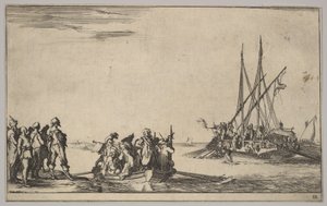 Középen egy férfiakkal teli evezőscsónak, balra egy csapat ember a parton, egy hajó tele ..., 1639. alkotó: Stefano della Bella
