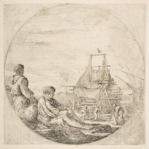 Egy ülő fehér matróz és egy álló fekete matróz, az emberek hajót építenek a háttérben..., kb. 1660. alkotó: Stefano della Bella