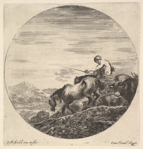 Egy pásztor jobbra, balra fordulva, egy állatcsoportot hajt lefelé, egy kerek komp..., kb. 1643-48. alkotó: Stefano della Bella