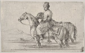 Egy inas, aki két lovat visz fürdeni, az egyik ló tetején ül a folyóban, a másik mellett... kb. 1662. alkotó: Stefano della Bella