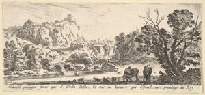 Háttérben a hegyekből alászálló vízesés, különféle állatok és..., kb. 1641. alkotó: Stefano della Bella