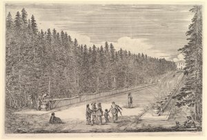 Egy szökőkutak sikátora, egy embercsoport a közepén, egy férfi és egy kutya ül jobbra, két..., kb. 1653. alkotó: Stefano della Bella