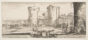 Középen egy erőd bejárata, jobbra egy nő gyermekkel ül a tűz mellett, sol..., kb. 1641. alkotó: Stefano della Bella