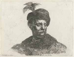 Bajuszos lengyel férfi mellszobra, tollas kalap A rajz alapjai (sorozat címe) I principii del disegno (sorozat címe) alkotó: Stefano della Bella