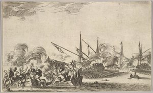 Harc több evezős csónak és hajó között, két embercsoport balra harcoló evezős csónakokban..., 1639. alkotó: Stefano della Bella