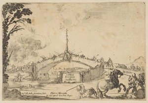 Harc a hídon, egy lovas és két gyalogos harcol kardokkal a jobb alsó sarokban..., kb. 1645. alkotó: Stefano della Bella