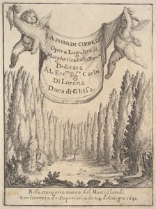 A cipruserdő La selva di cipressi homlokzata: két putti egy faliszőnyeget tart..., 1640. alkotó: Stefano della Bella