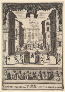 A The Buffoons Li Buffoni című vígjáték frontképe, pu...-ra emlékeztető díszlet, 1639-41. alkotó: Stefano della Bella