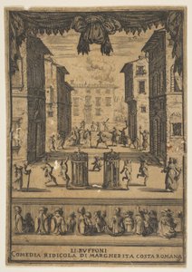 A The Buffoons Li Buffoni című vígjáték elődje, egy p...-re emlékeztető színpadi díszlet, kb. 1639. alkotó: Stefano della Bella