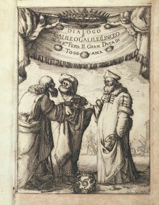Galilei (balra) Ptolemaiosszal (középen) és Kopernikusszal beszélget, illusztrált előlap a Dialogo sopra i due Massimi Sistemi del Mondo, Tolemaico e Copernicano (Ptolemaioszi és Kopernikuszi két fő világrendszerről szóló párbeszéd) című művéből