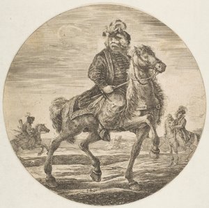 Magyar lovas lovaglás jobbra, háttérben más lovasok, cirkó..., kb. 1651. alkotó: Stefano della Bella