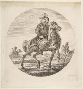 Magyar lovas lovaglás jobbra, háttérben más lovasok, cirkó..., kb. 1651. alkotó: Stefano della Bella
