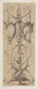 Vadásztrófea szarvasfejekkel alul, kb. 1653. alkotó: Stefano della Bella