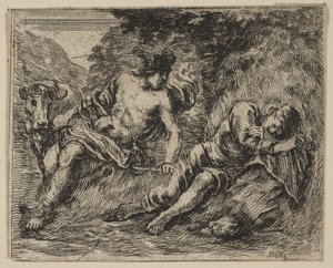 Merkúr és Argus, a Game of Mythology Jeu de la Mythologie-ból, 1644. alkotó: Stefano della Bella