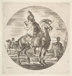 Mór lovas profilban jobbra, egy fekete rabszolga szőrmével jobbra, egy másik..., kb. 1651. alkotó: Stefano della Bella