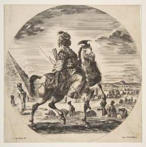 Mór lovas profilban jobbra, háttérben balra piramis, sok fi..., kb. 1651. alkotó: Stefano della Bella