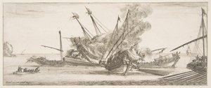 Tengerészeti harc, egy hajó a közepén, hátulról nézve, négy ellenséges hajóra lő, egy másik ..., kb. 1641. alkotó: Stefano della Bella