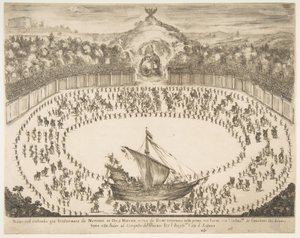 Hajó formájú parádés úszó, tetején Modena nagyhercegének címere, 1652. alkotó: Stefano della Bella
