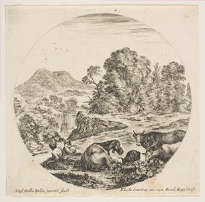 10. tábla: középen fekvő ló, jobb oldalon egy tehén és két kecske, két ülő juhász..., kb. 1646. alkotó: Stefano della Bella