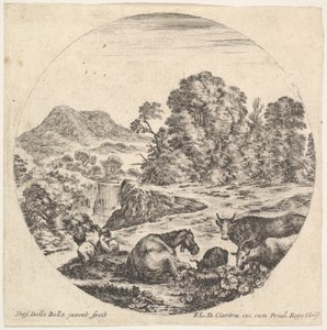 10. tábla: egy ló fekszik középen, egy tehén és két kecske jobbra, két ülős..., kb. 1643-48. alkotó: Stefano della Bella