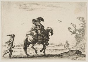 10. tábla: egy lovas és egy nő, hátulról, jobbra lovagol egy fiatal ..., 1642. alkotó: Stefano della Bella