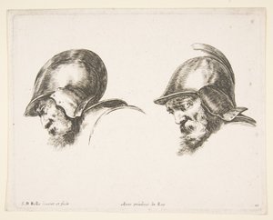 10. tábla: két sisakos öreg katona feje, mindkettő balra és lefelé néz..., kb. 1641. alkotó: Stefano della Bella