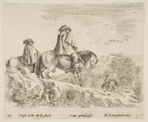 10. tábla: balra két lovas ereszkedik le a hegyről, egy másik lovas jobbra ...-ben, kb. 1644-47. alkotó: Stefano della Bella