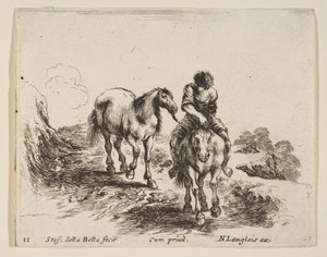 11. tábla: egy fiatal lovas, szemből nézve, egy másik lovat vezet, a Divertől..., kb. 1644-47. alkotó: Stefano della Bella