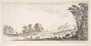11. tábla: pásztorlány ül jobbra egy fa alatt, és nézi, ahogy balra nyelkedik..., kb. 1641. alkotó: Stefano della Bella