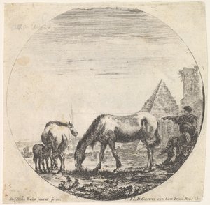 11. tábla: Caius Cestius piramisa jobbra a háttérben, egy ló legelész..., kb. 1643-48. alkotó: Stefano della Bella