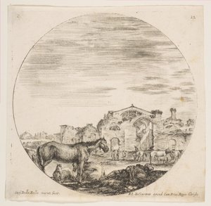 12. tábla: jobbra a földön alvó pásztor, balra három ló, egyéb hors..., kb. 1646. alkotó: Stefano della Bella