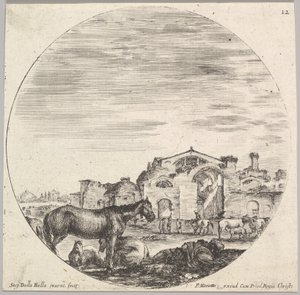12. tábla: jobbra a földön alvó pásztor, balra három ló, másik h..., kb. 1643-48. alkotó: Stefano della Bella
