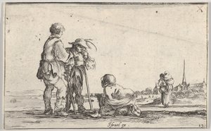 13. tábla: balra két paraszt áll, középen egy nyomorék térdel a földön, egy..., kb. 1642. alkotó: Stefano della Bella