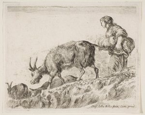 14. tábla: kecskéket terelő pásztorlány, különféle állatokból Diversi animali, kb. 1641. alkotó: Stefano della Bella