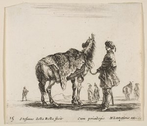 15. tábla: egy lengyel nemes, arccal, leopárdbőrrel bevont lovát tartja..., kb. 1644-47. alkotó: Stefano della Bella