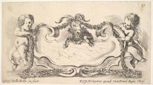 17. tábla: márvány középső kartotus, két oldalán csecsemő, kezében füzér ove..., 1646. alkotó: Stefano della Bella