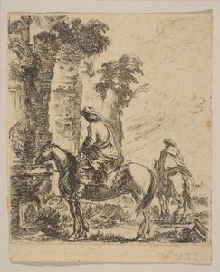19. tábla: Tájkép egy lovas lovassal a szökőkútnál, különféle fi..., kb. 1646. alkotó: Stefano della Bella