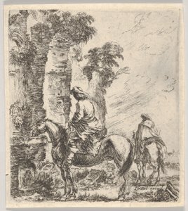 19. tábla: egy lovas a szökőkút medencéjéből itatja lovát a bal oldalon, egy másik h..., kb. 1646. alkotó: Stefano della Bella